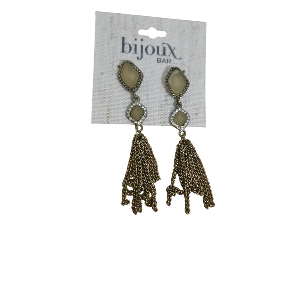 Bijoux Bar Antique Gold Tone Chain Tassel Rhinestone Dangle Earrings NWT $24